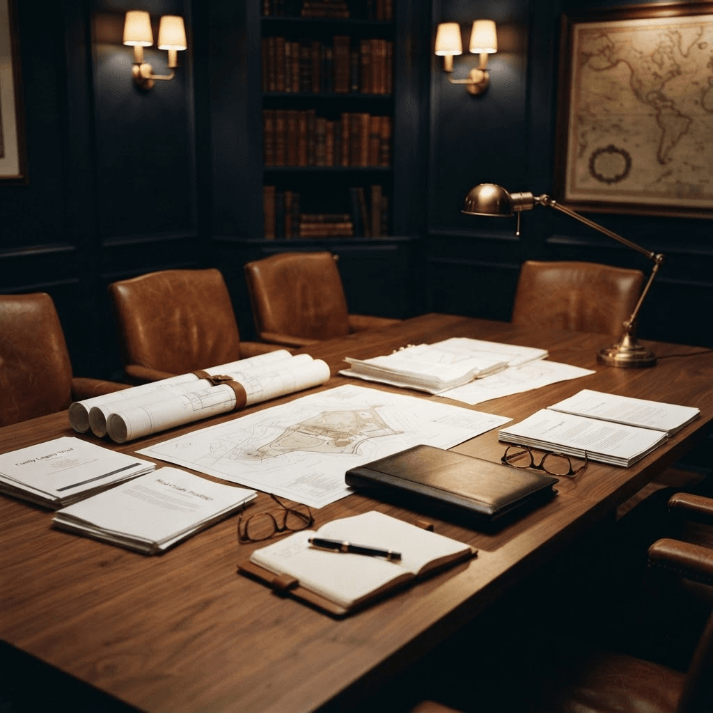 A walnut planning table in a private family-office library, set with architectural plans, planning documents, a leather portfolio, and a brass lamp