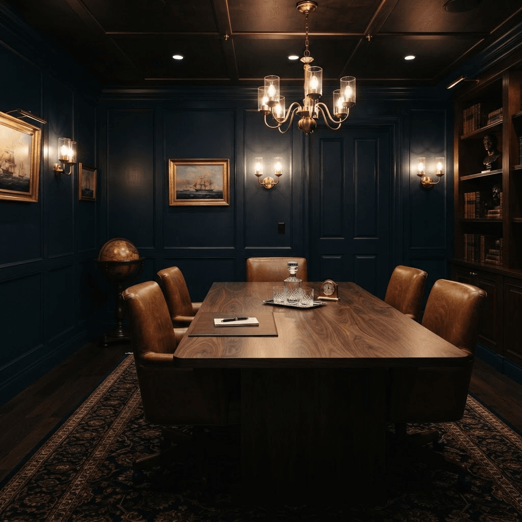 The Atlas Family Office conference room — navy walls, cognac leather chairs, a walnut table, and warm wall sconces