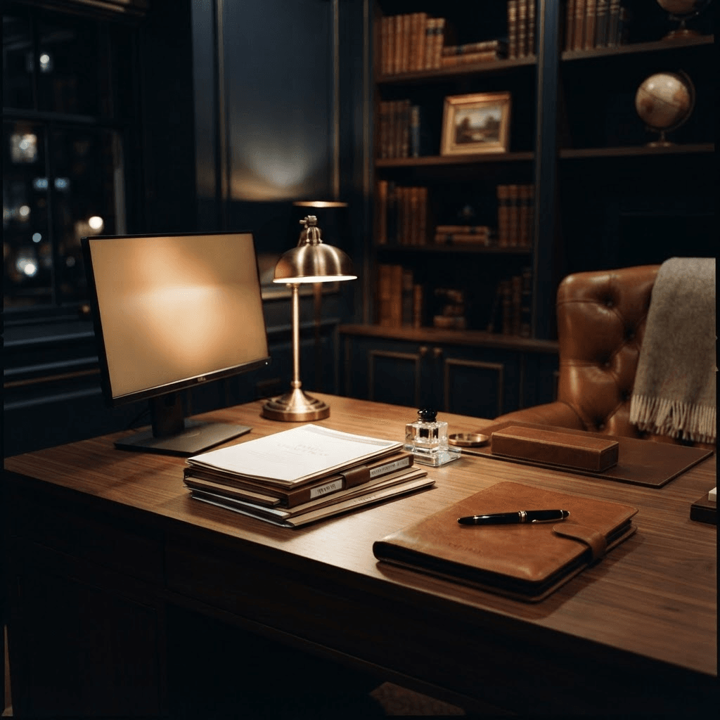 A walnut desk in a dark navy Atlas office at night, a slim monitor with a warm glow beside stacked planning documents and a brass lamp