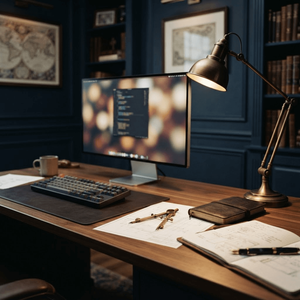 A refined workstation integrated into a walnut and navy office, with a monitor, planning documents, a brass compass on blueprint paper, and a brass lamp