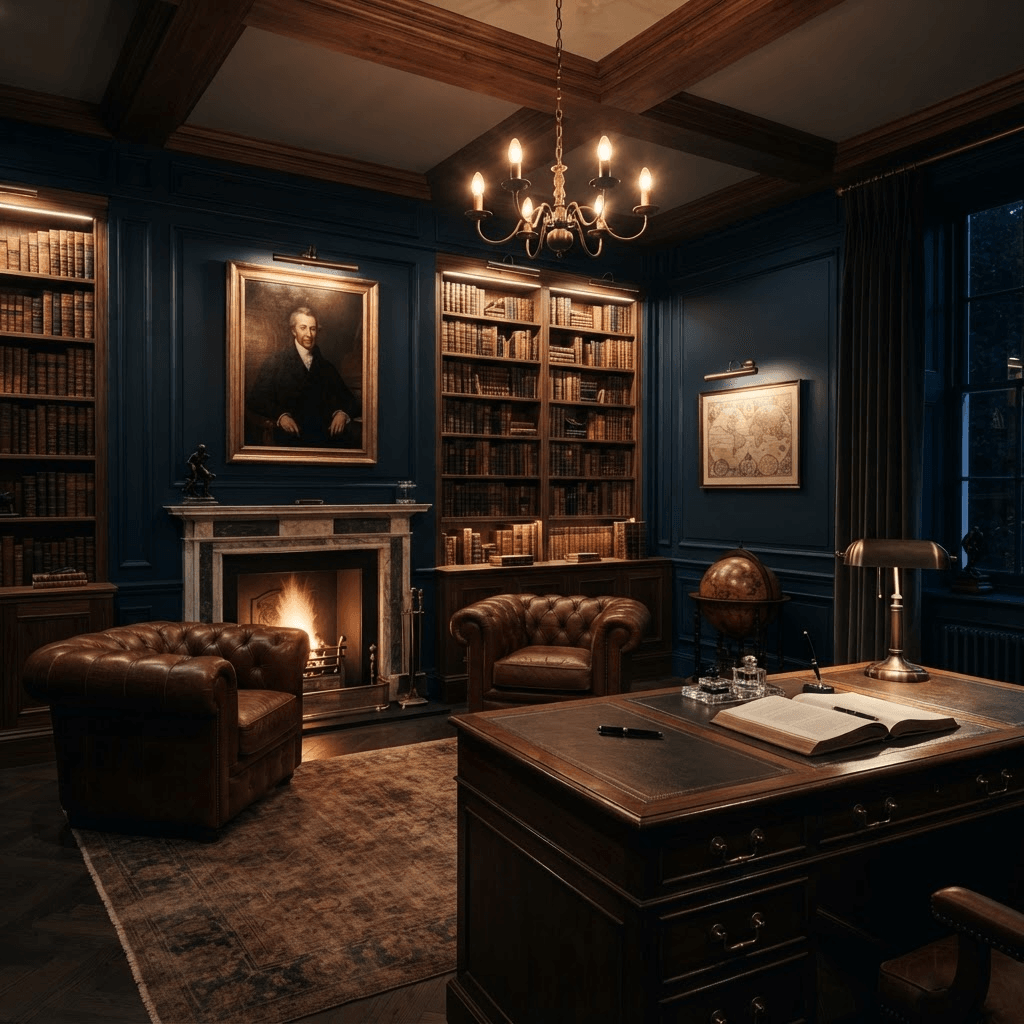 Interior of the Atlas Family Office — navy paneled walls, walnut millwork, a leather chair, and a brass desk lamp under warm architectural lighting