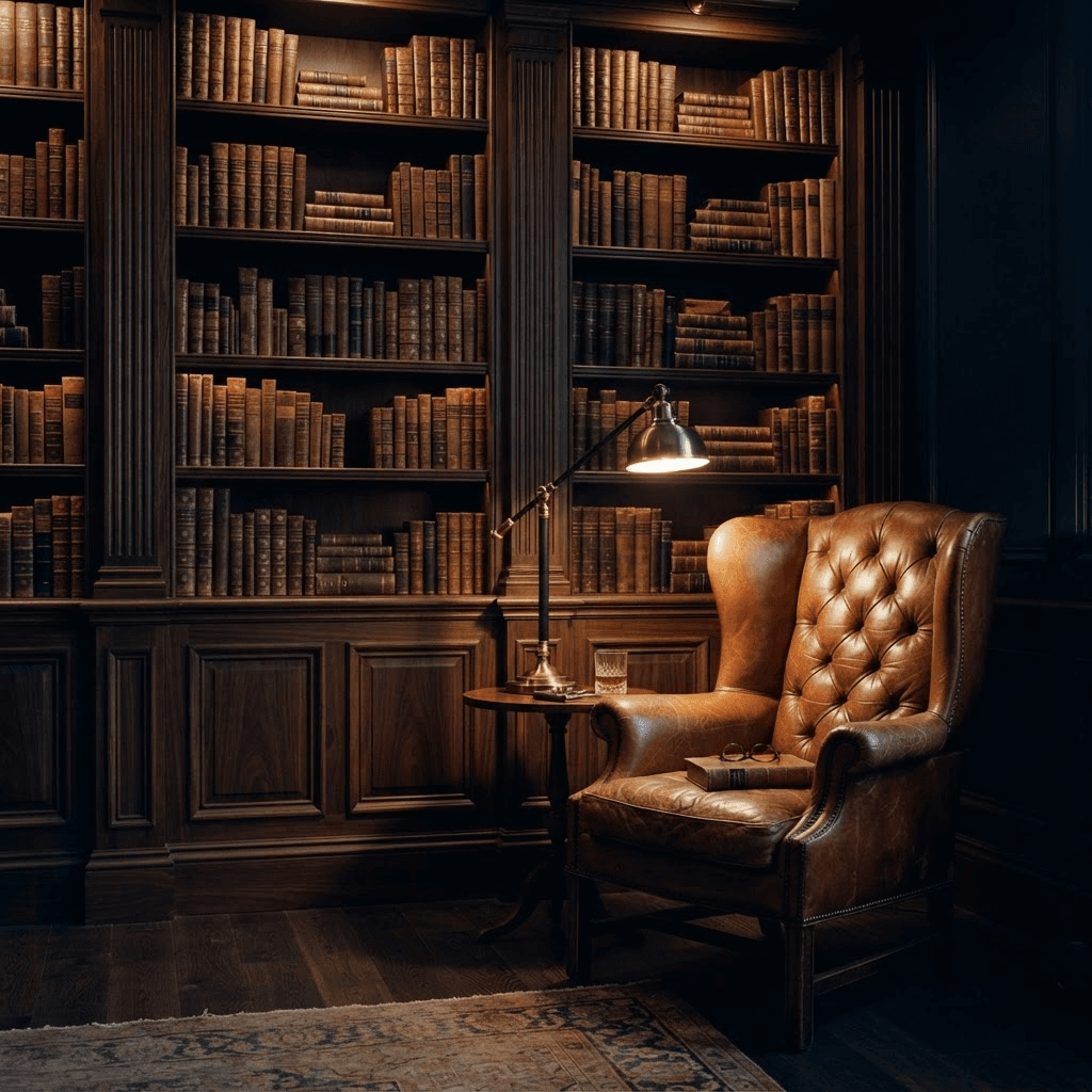 A walnut library within the Atlas office, with a cognac leather chair and a warm table lamp