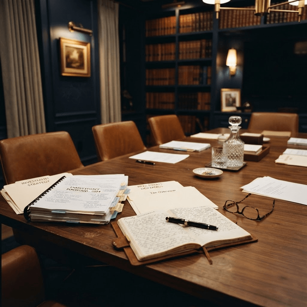 A walnut conference table in a private family-office library set with tabbed review folders, an open handwritten notebook, and a brass lamp