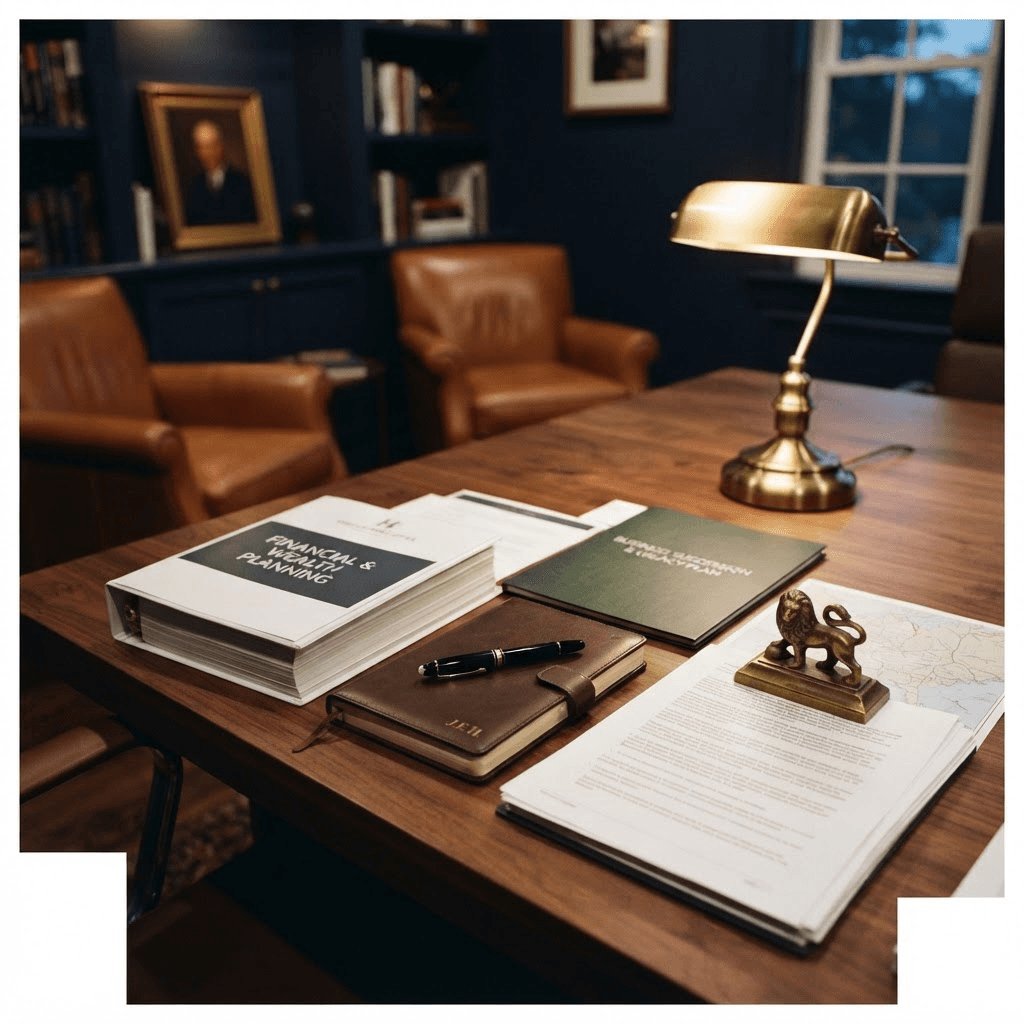 A navy library office with cognac leather chairs, a brass banker’s lamp, and financial, business succession, and estate planning materials on a walnut table