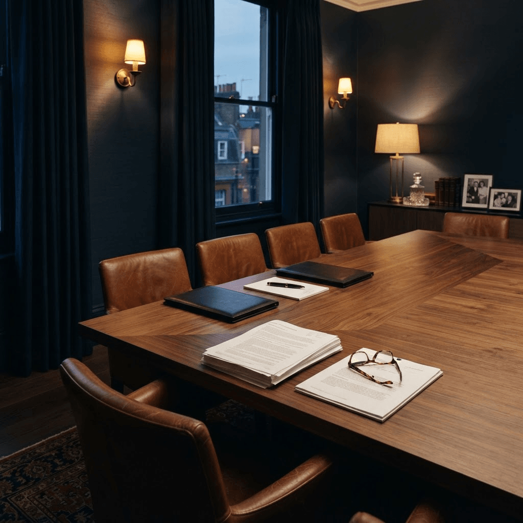 An empty private family-office conference room with a long walnut table, cognac leather chairs, brass wall sconces, and planning documents laid out for a meeting