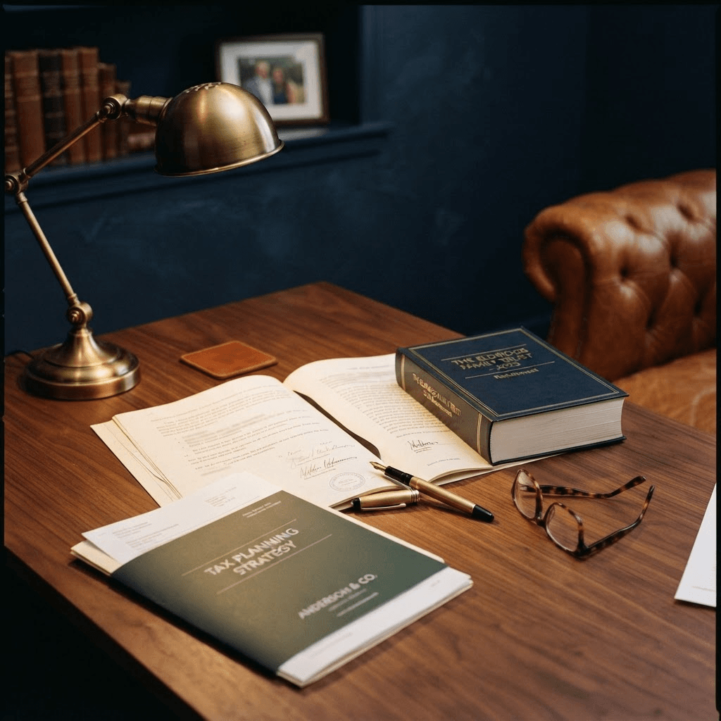 A walnut desk under warm brass lamp light with legal documents, a bound trust volume, a tax planning folder, a fountain pen, and reading glasses
