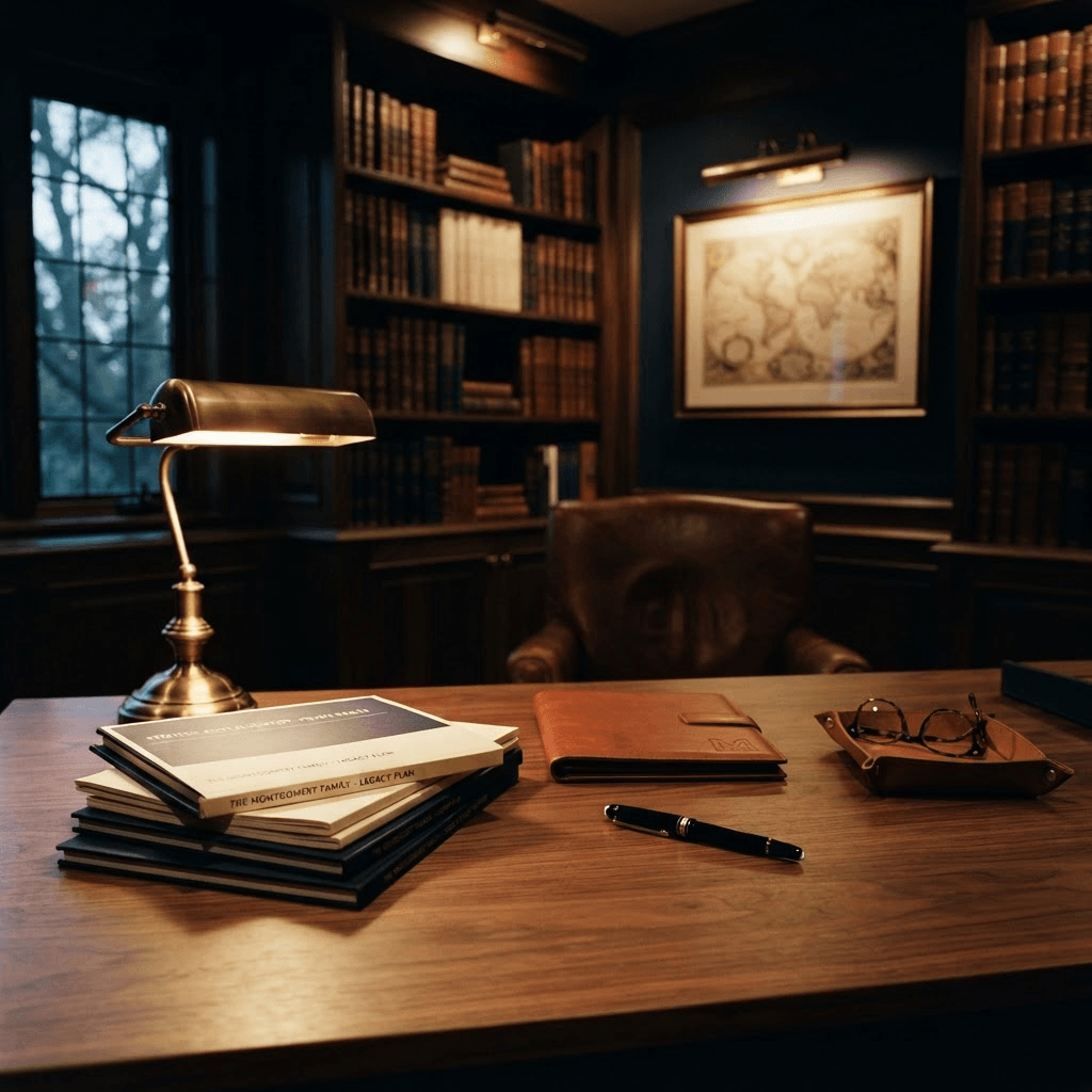 A walnut desk in a private family-office library at dusk, with portfolio documents, a leather portfolio, reading glasses, and a warm brass lamp