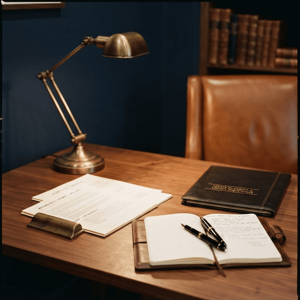A walnut table with investment-policy and liquidity planning documents, an estate-planning folder, a leather notebook, and a brass lamp