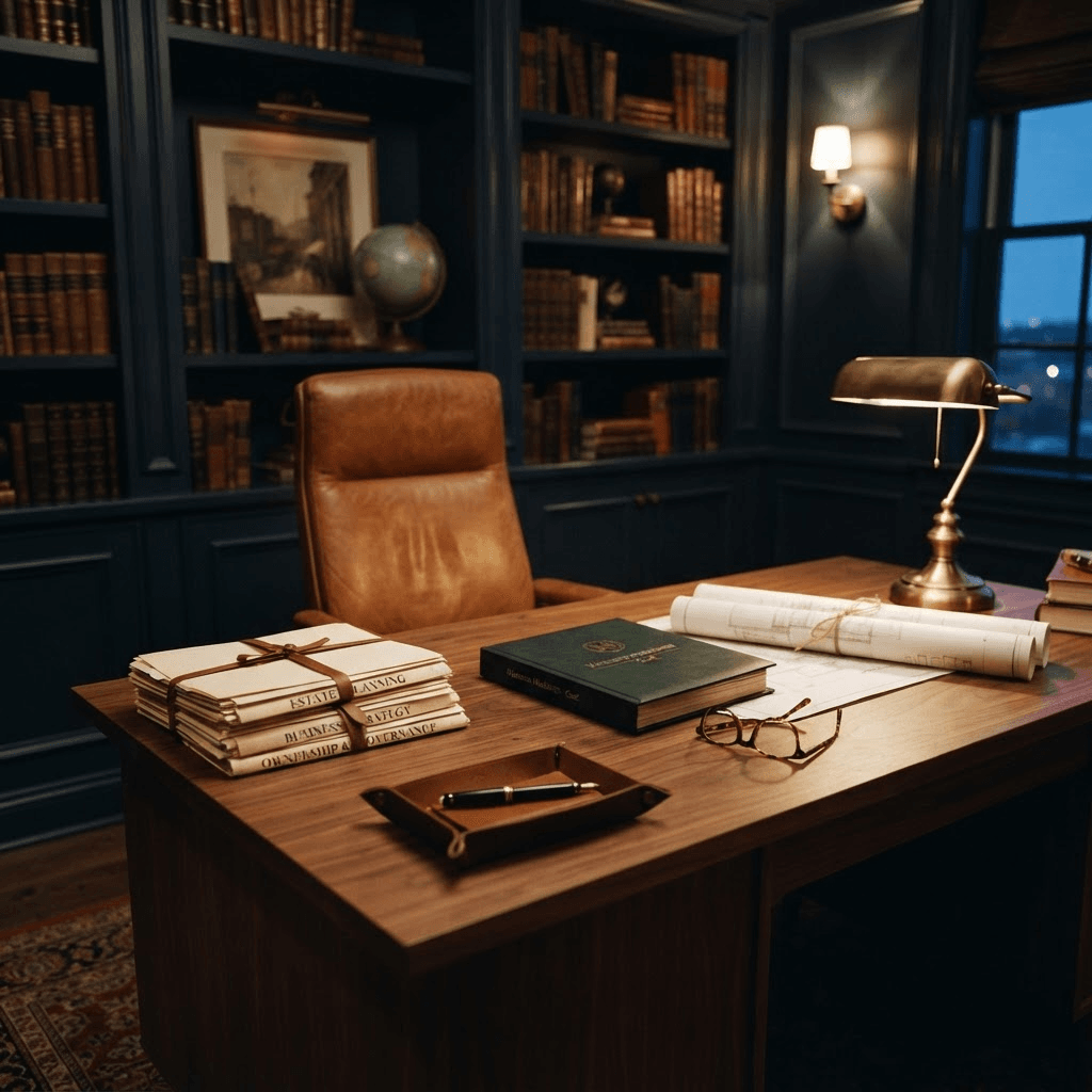A business owner’s private office at dusk, with a walnut desk holding planning documents and architectural plans, a cognac leather chair, and a brass banker’s lamp against navy paneled walls