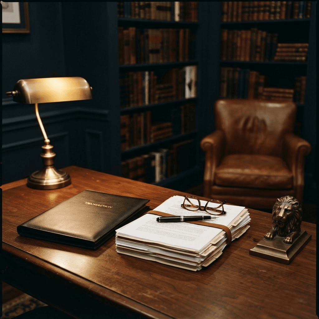 A private office desk holding a leather transaction portfolio and a tabbed stack of agreement documents under a brass lamp, with a cognac leather chair and a library behind