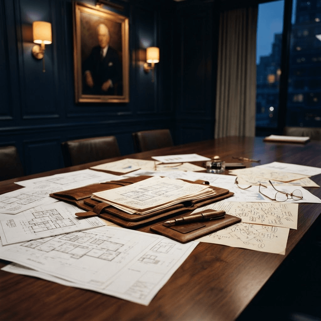 A walnut boardroom table spread with business planning documents and architectural plans in a navy-paneled private office