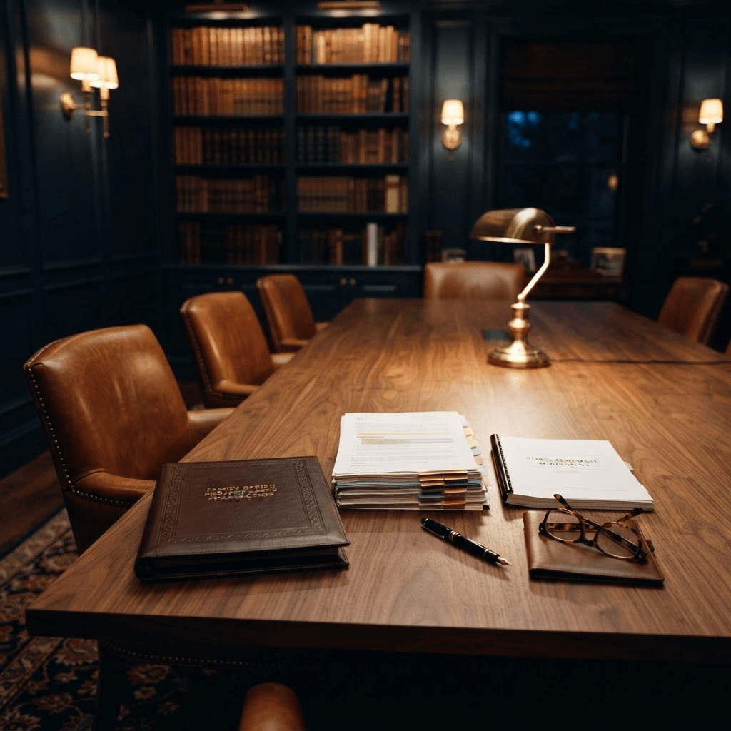 A private family-office boardroom at dusk, with a long walnut table holding a leather deal portfolio, tabbed transaction documents, a fountain pen, and reading glasses under a brass banker’s lamp, cognac leather chairs, and navy walls lined with leather-bound books