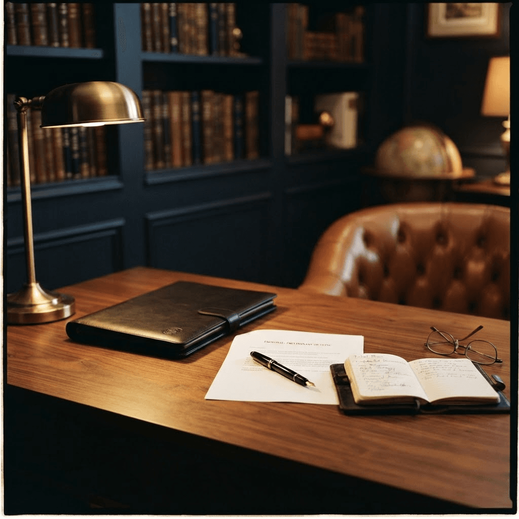 An unsigned draft document with a fountain pen laid across it beside a closed leather portfolio and an open notebook of handwritten planning notes, on a walnut desk under a brass lamp in a navy study