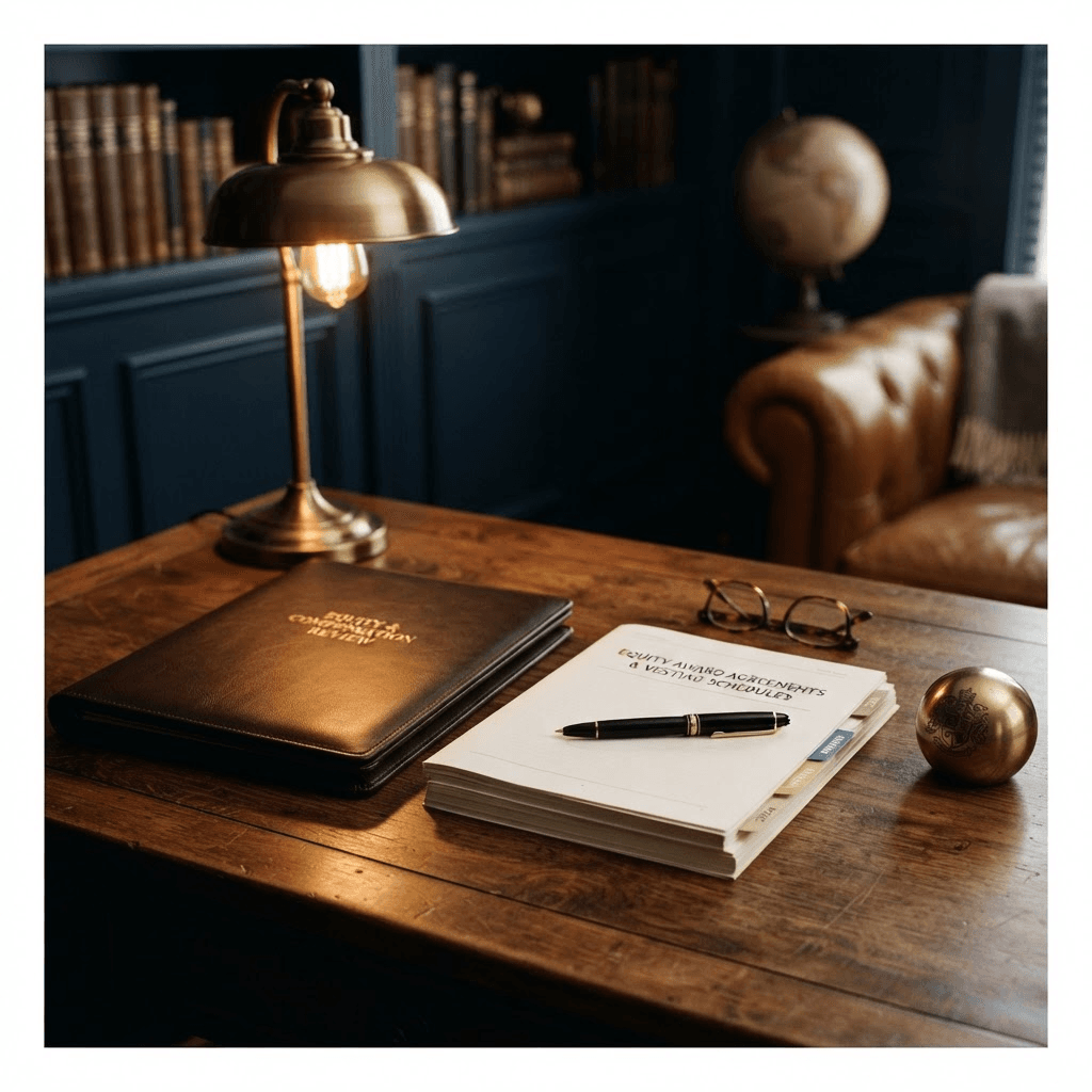 A leather portfolio embossed for an equity and compensation review beside a stack of tabbed award and vesting documents, a fountain pen, and reading glasses under a brass lamp in a navy study