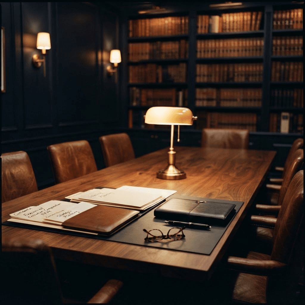 An executive’s private office at dusk, with a long walnut boardroom table, cognac leather chairs, a leather portfolio and planning documents, and a brass banker’s lamp against navy paneled walls lined with leather-bound books