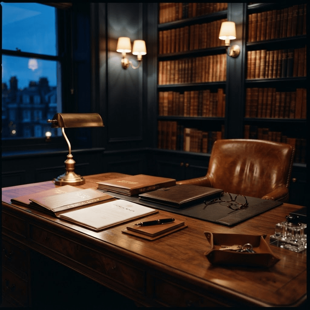 A high-income professional’s private office at dusk, with a walnut desk holding leather document folders and a portfolio, a cognac leather chair, and a brass banker’s lamp against navy paneled walls lined with leather-bound books