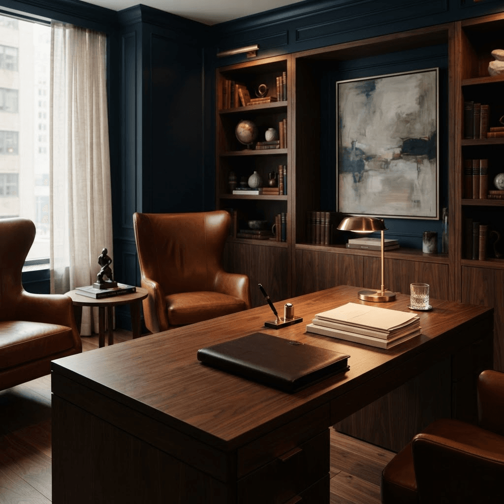 A discreet private consultation office with a walnut desk, cognac leather chairs, and planning materials under warm brass lighting