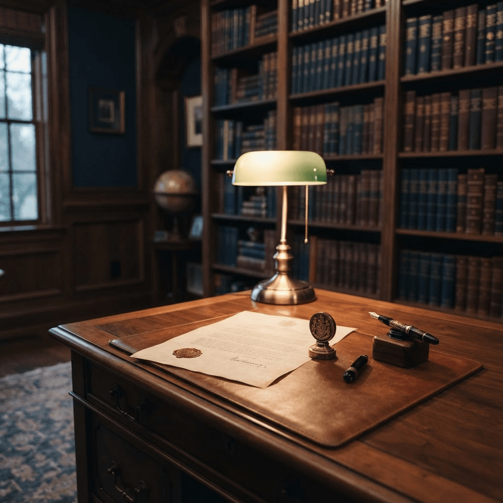 A warm walnut private library with leather-bound books and a signed estate document resting beside a brass seal and heirloom pen