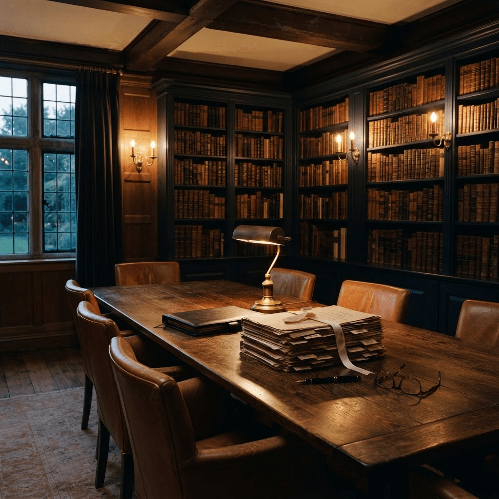 A private family library at dusk with a long dark walnut table, cognac leather chairs, bound estate-planning documents and family records, a fountain pen, and reading glasses beneath a brass banker's lamp, surrounded by navy shelves of leather-bound books