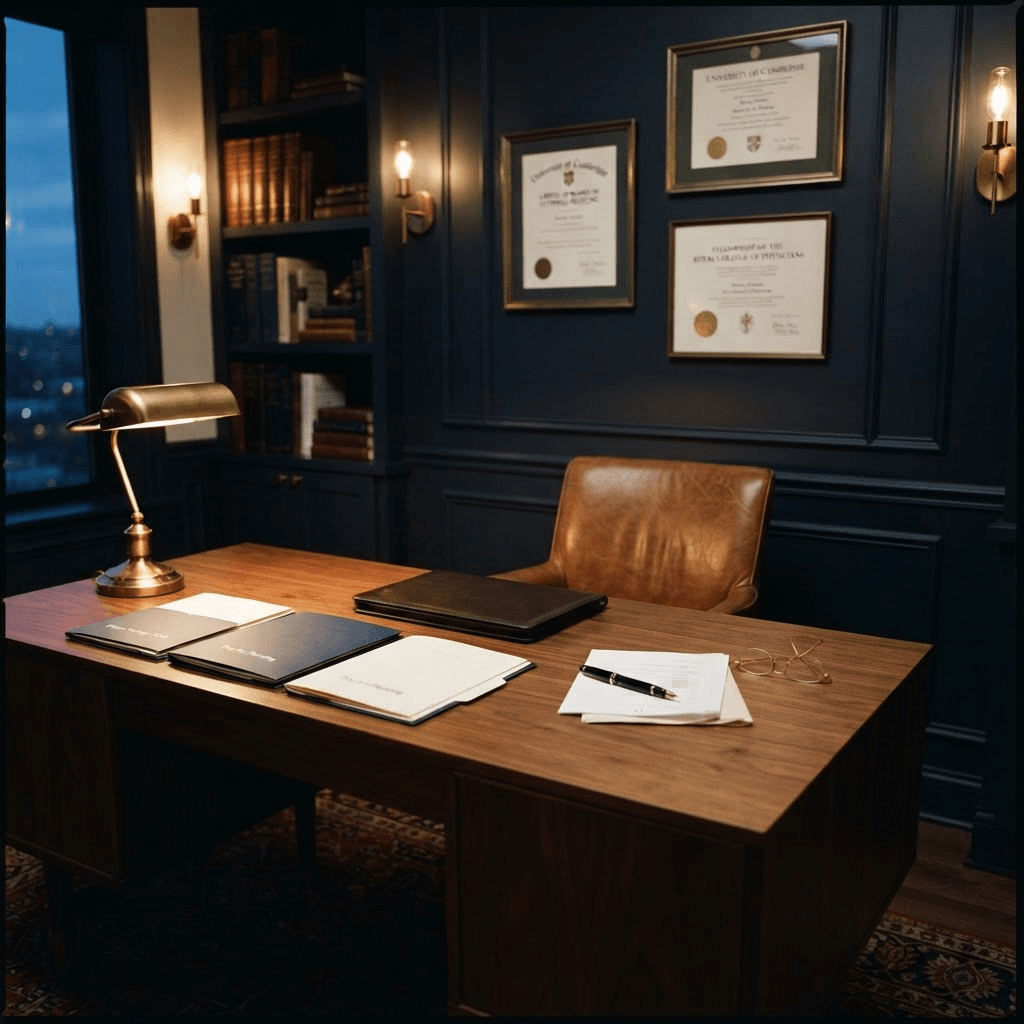 A physician’s private study at dusk, with a walnut desk holding practice-planning documents, a cognac leather chair, framed diplomas in brass frames on navy paneled walls, and a brass banker’s lamp