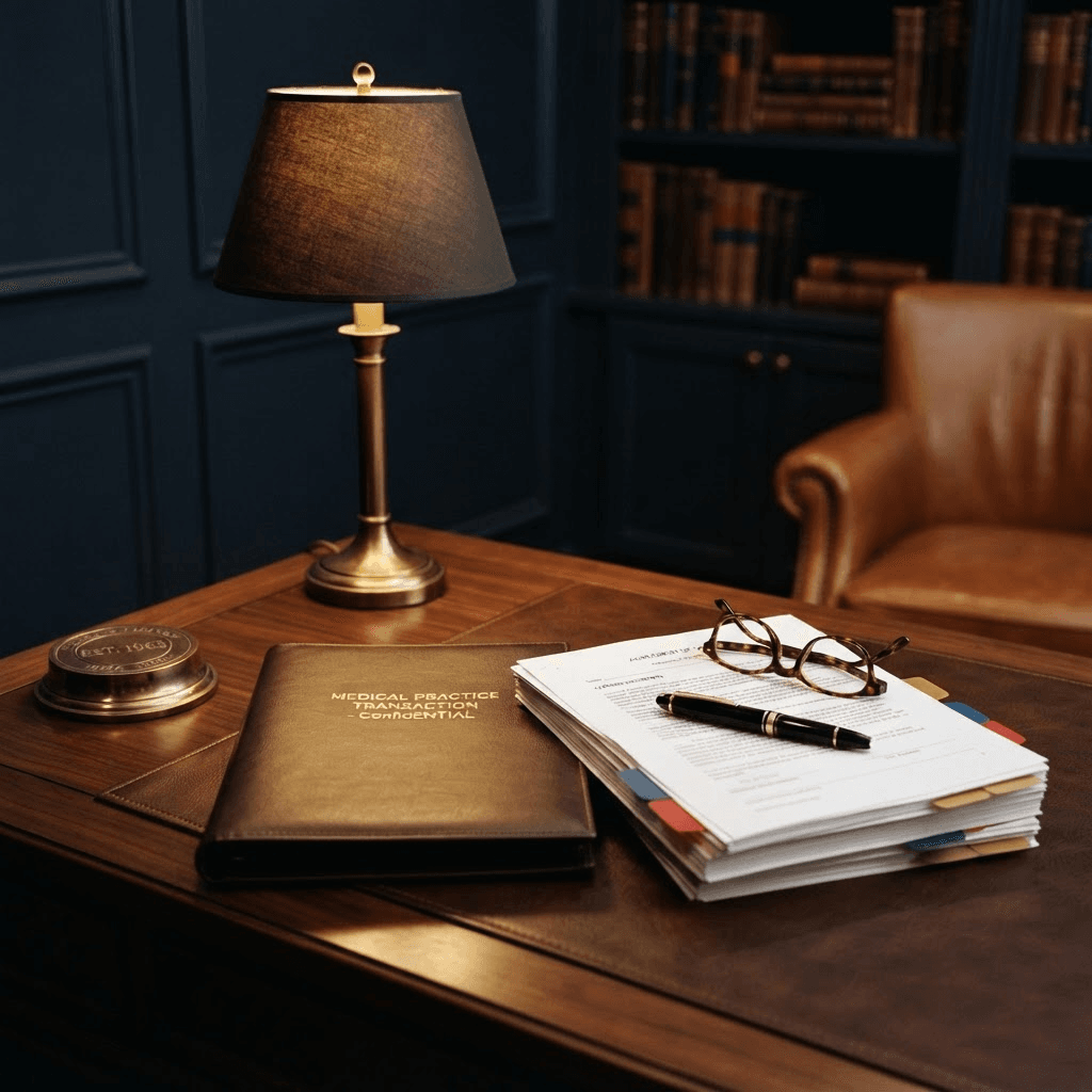 A private study desk holding a leather portfolio marked for a medical practice transaction and a tabbed stack of agreement documents under a brass lamp, with a cognac leather chair and a library behind