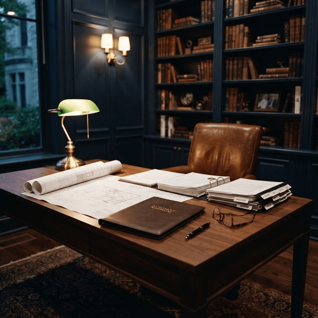 A real-estate investor’s private study at dusk, with a walnut desk holding rolled architectural plans, a leather property portfolio, tabbed closing documents, a cognac leather chair, and a brass desk lamp against navy paneled walls