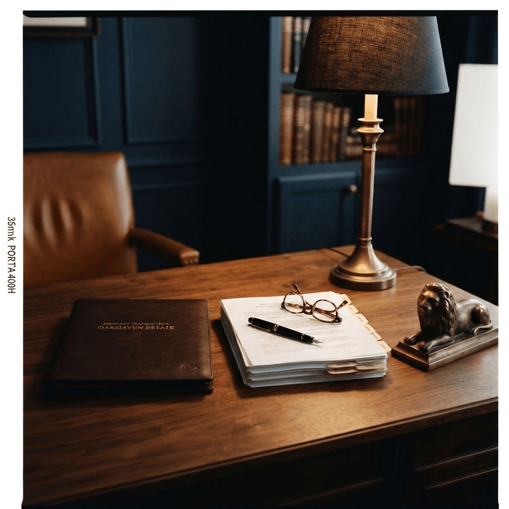 A private study desk holding a leather portfolio marked for a property transaction and a tabbed stack of closing documents under a brass lamp, with a cognac leather chair and a library behind