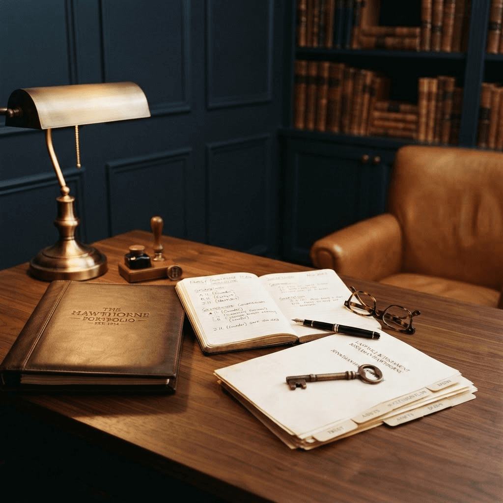 A walnut desk holding a family estate portfolio, an open notebook with a handwritten ownership plan, tabbed trust and succession documents, and an antique brass key under a brass lamp