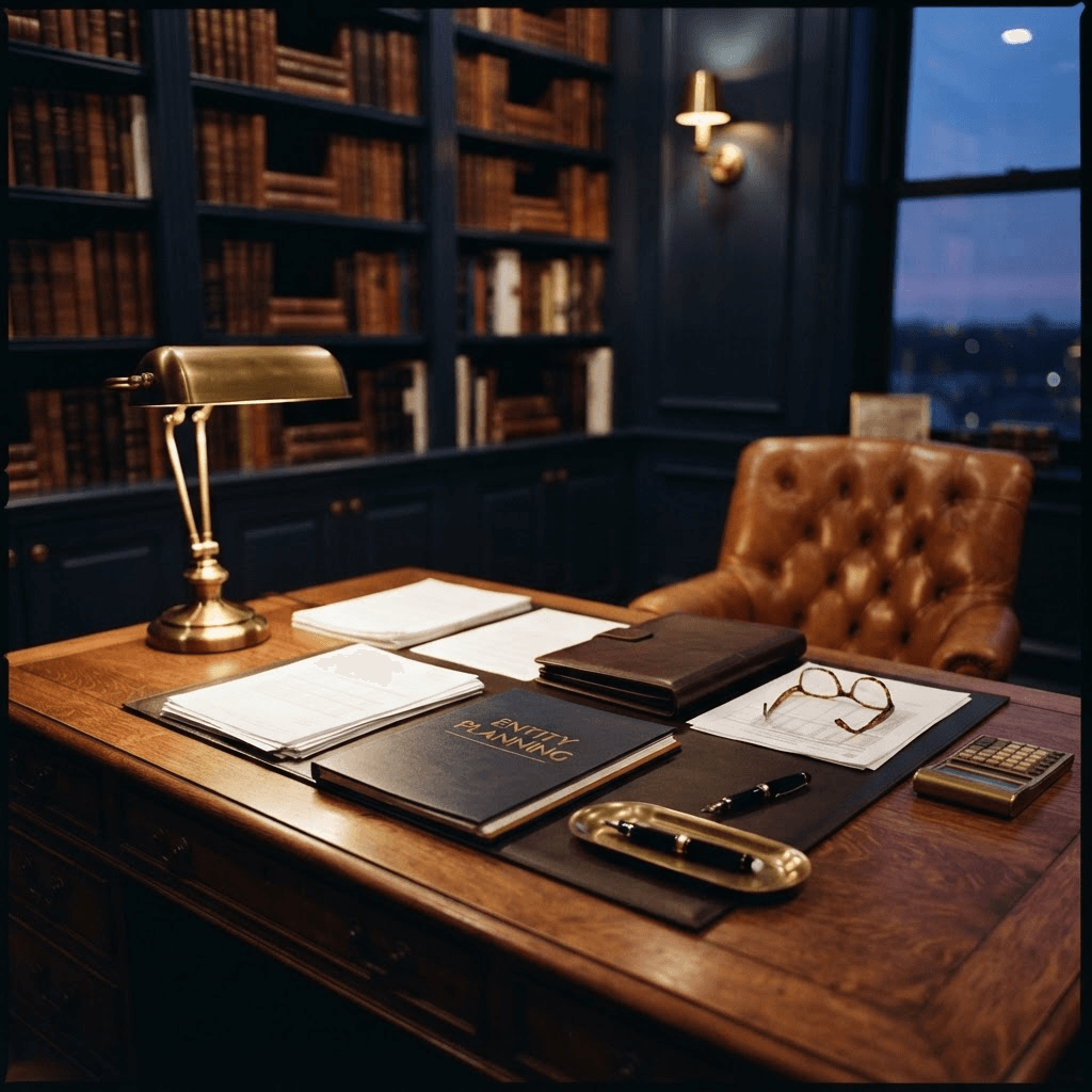 A private family-office study at dusk with a walnut desk holding tax documents, financial statements, an entity-planning folder, a fountain pen, reading glasses, and a brass desk calculator under a brass banker’s lamp, beside a cognac leather chair and navy shelves of leather-bound books