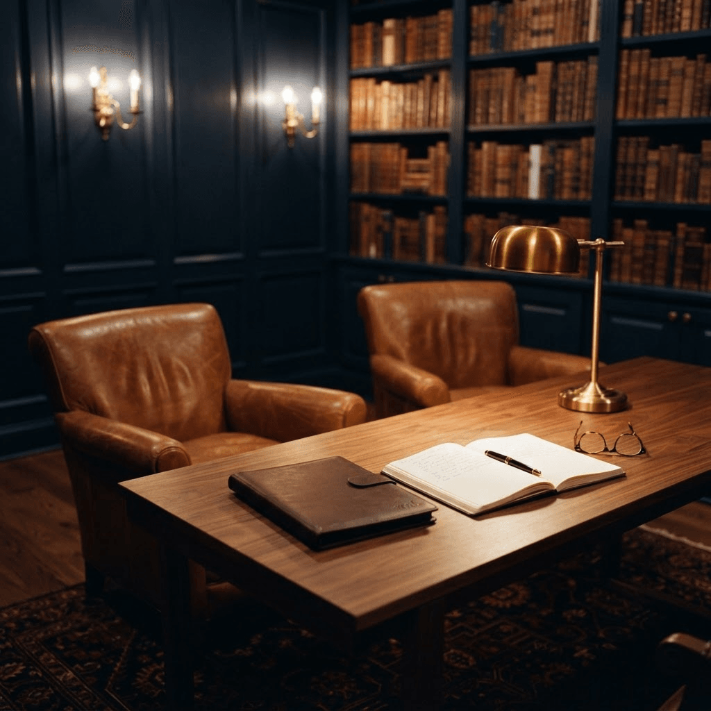 A private family-office study at dusk with a walnut table, two cognac leather chairs, a brass lamp, and shelves of leather-bound books