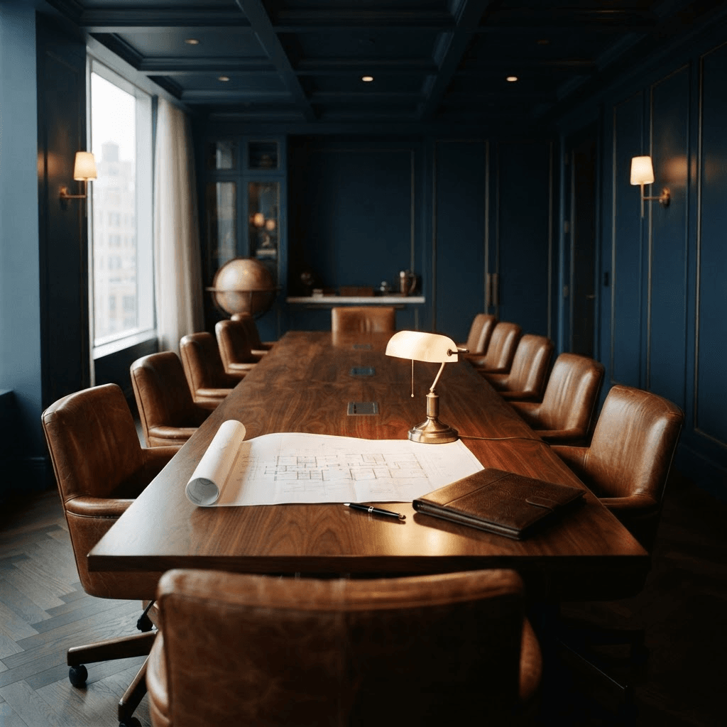 A navy boardroom corner with a walnut conference table and a brass architectural model
