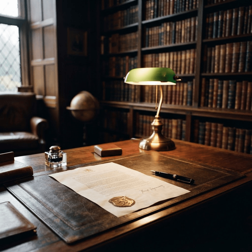 A walnut library with a signed document, brass seal, and heirloom fountain pen