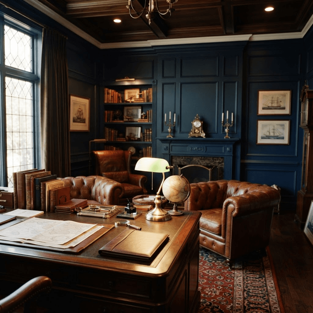 A private family-office study with a walnut partner’s desk, brass lamp, and cognac leather chairs