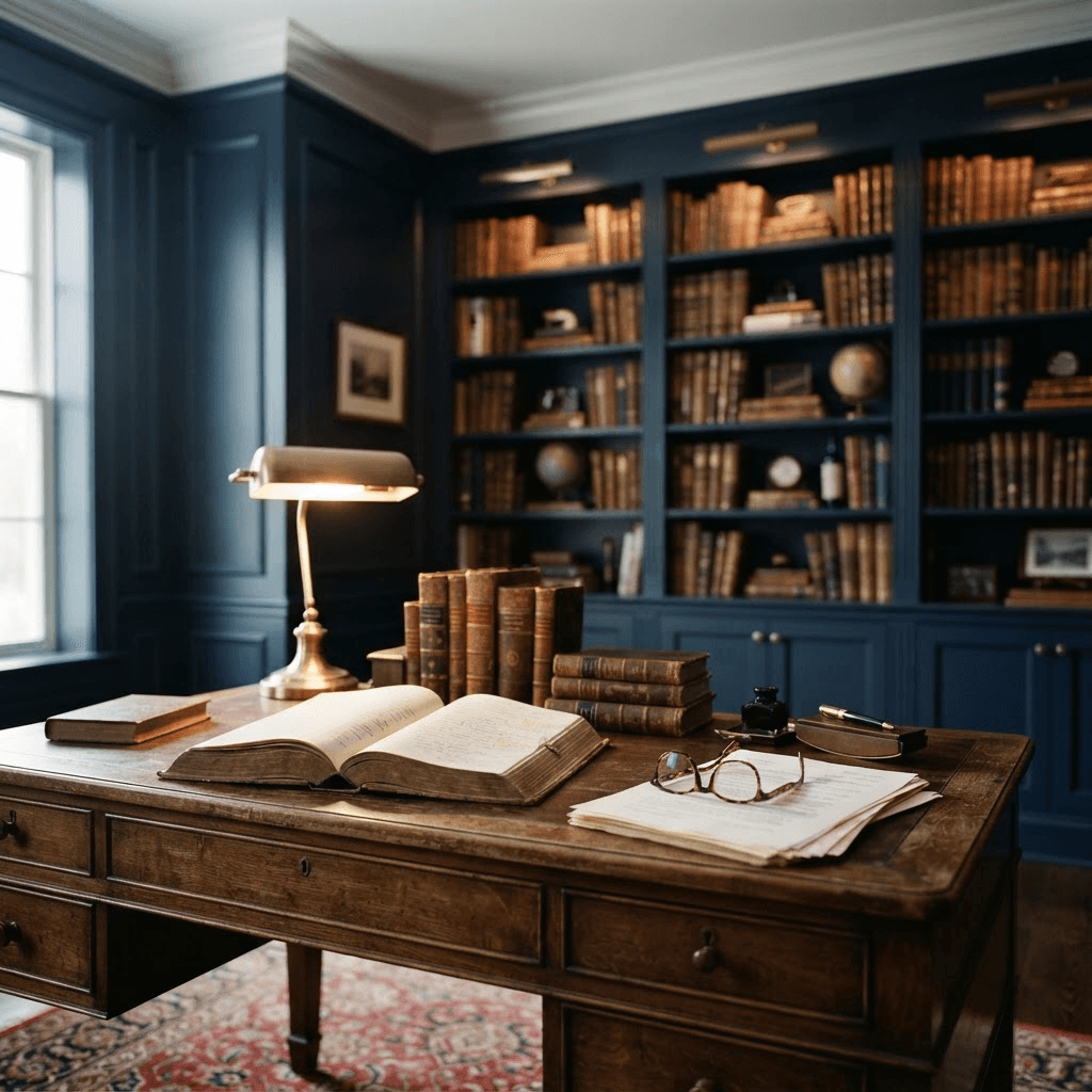 A walnut writing desk with leather-bound books and a warm brass reading lamp in a navy-paneled study