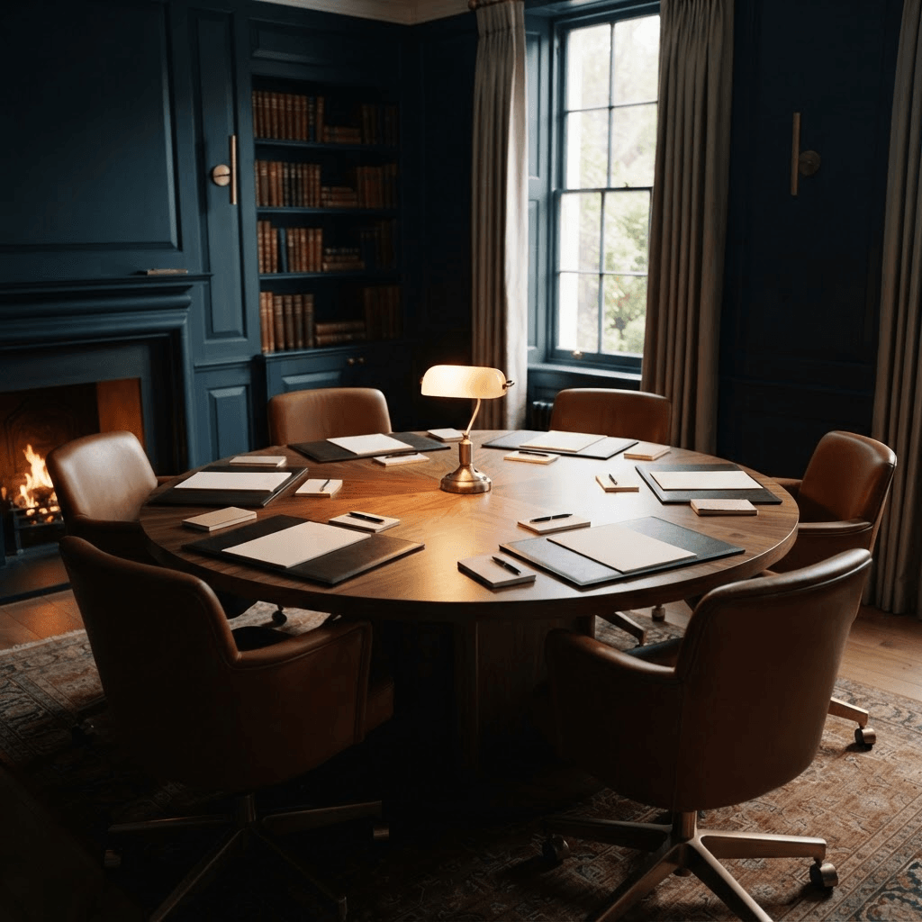 A round walnut table ringed by cognac leather chairs in a navy-paneled family-office room