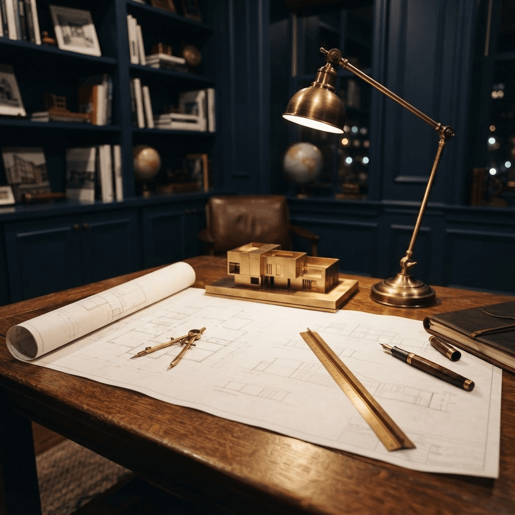 An architect’s table with blueprints, a brass compass, and warm task lighting