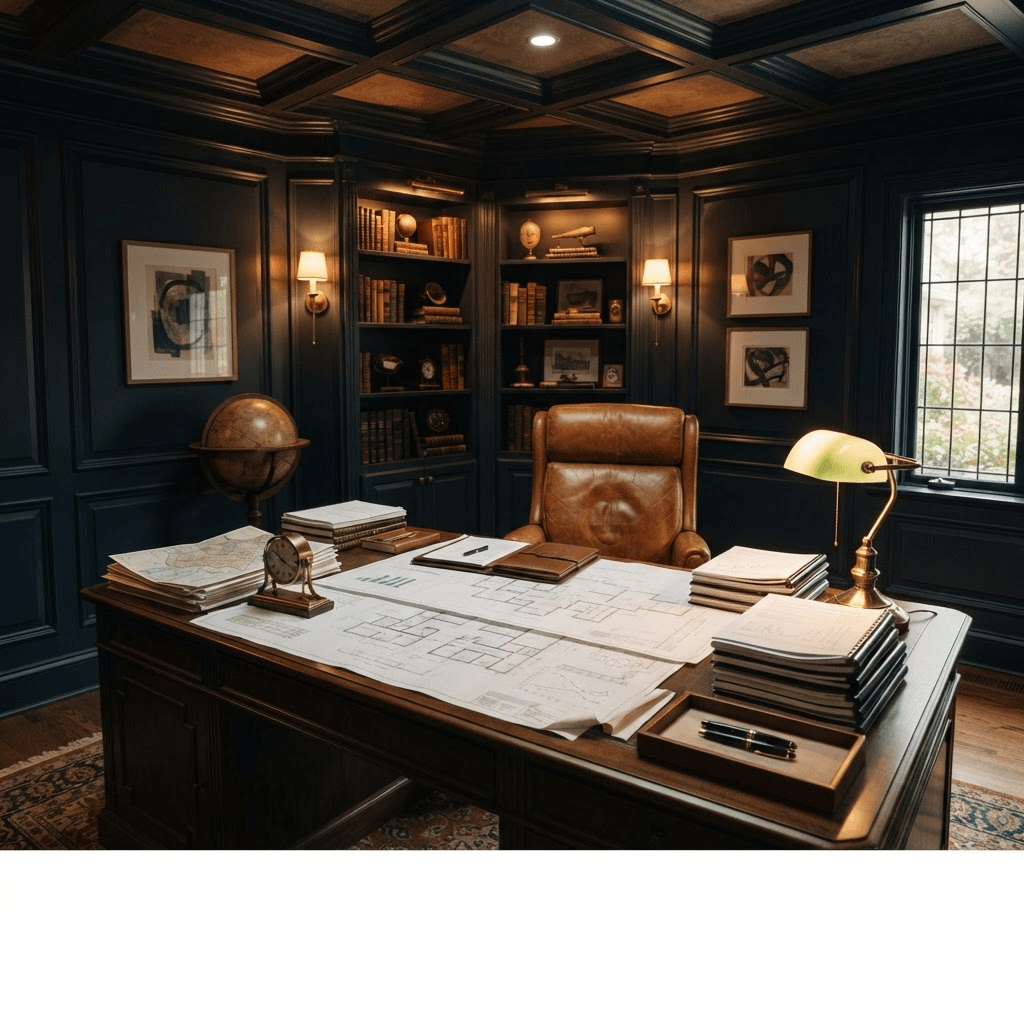 A walnut executive study layered with business and estate planning documents and architectural drawings, lit by a warm brass lamp against deep navy paneling