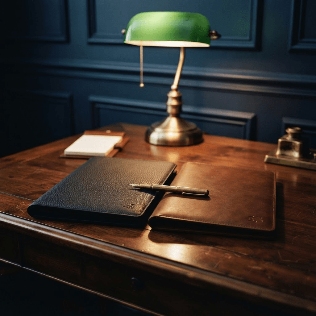 Two leather document folios from different firms side by side, bridged by a brass pen