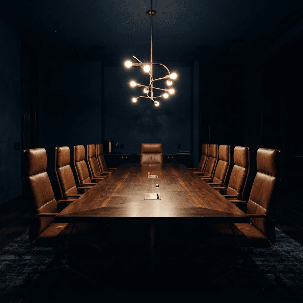 A long walnut conference table beneath a warm brass chandelier