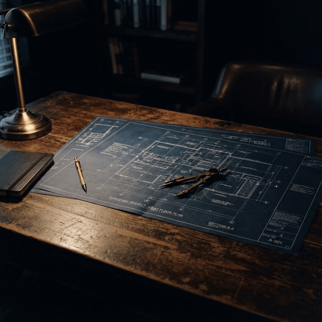 A walnut planning table with architectural drawings, a brass compass, and warm task lighting