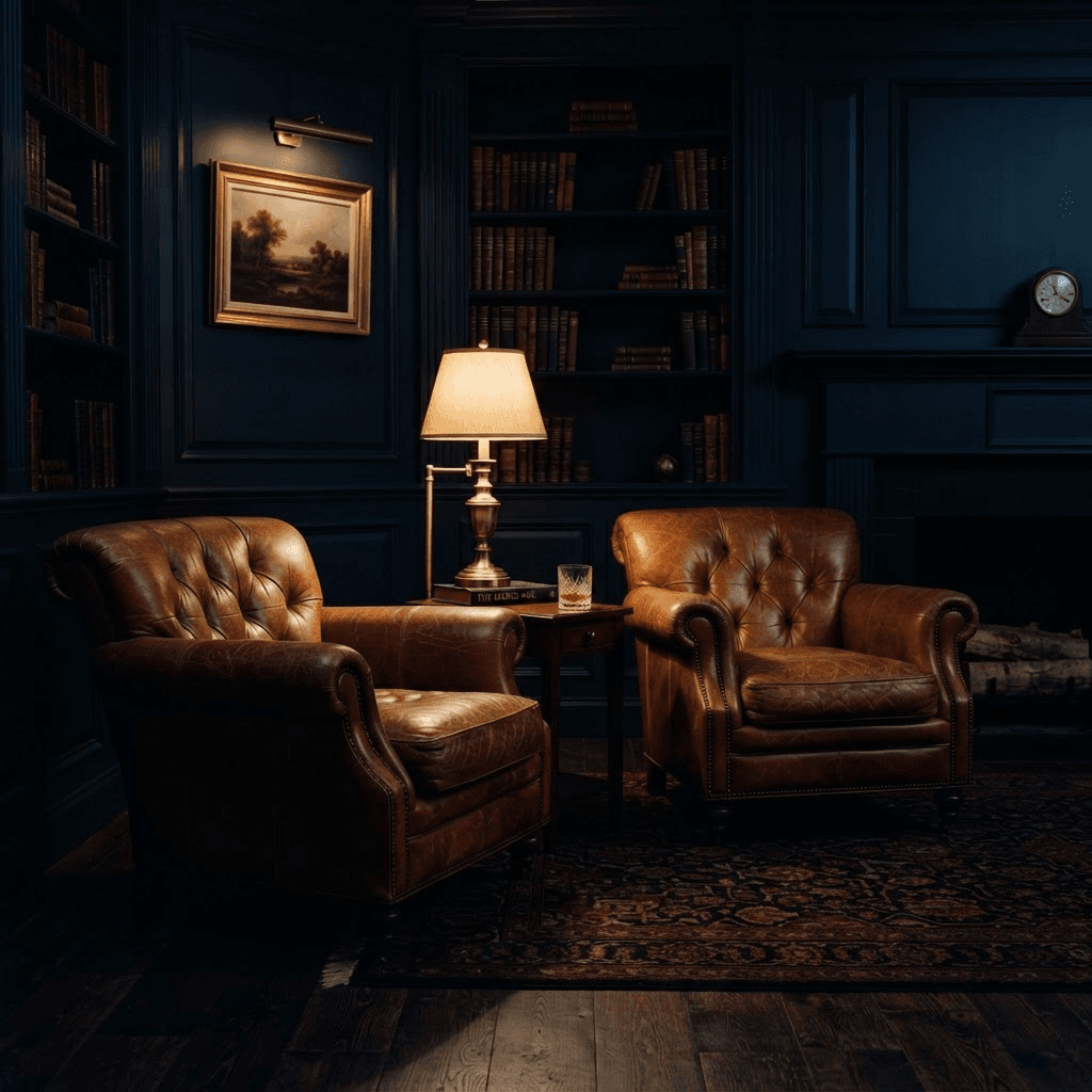 Two cognac leather chairs beside a warm lamp in a navy-paneled office