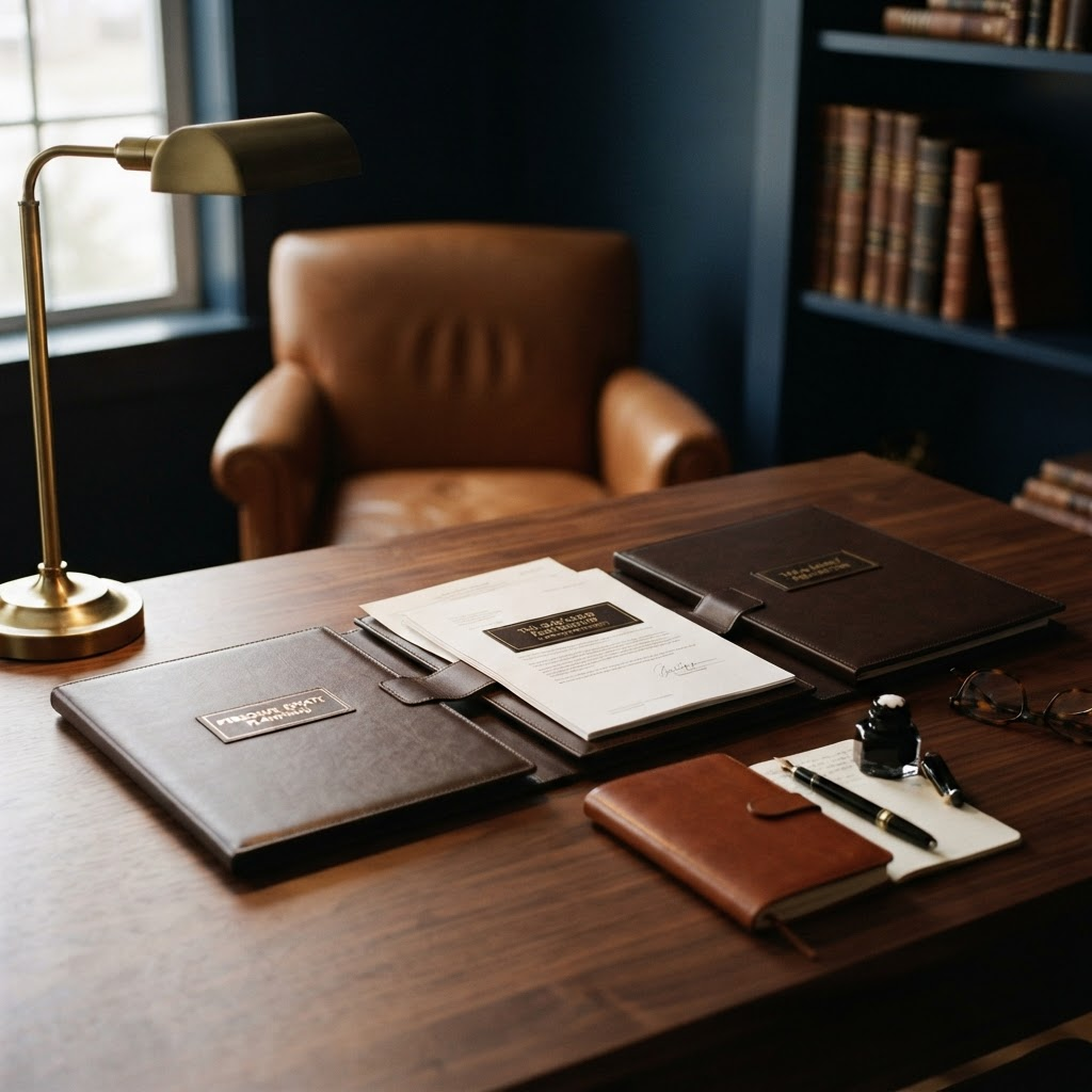 A walnut table holding three labeled leather folders for the company, personal estate planning, and taxes, arranged so they visibly relate, under a brass lamp