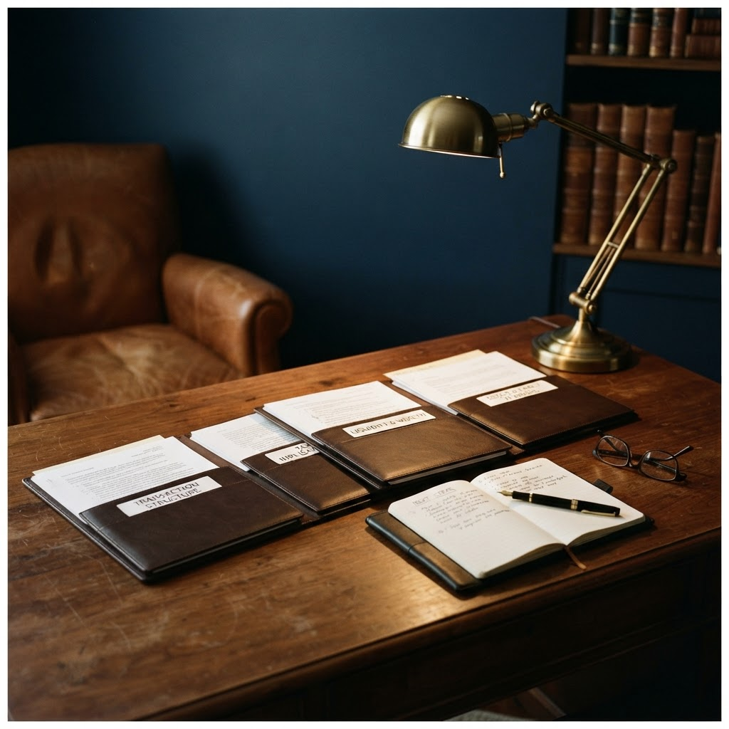 A walnut table holding four labeled leather folders for transaction structure, taxes, liquidity and wealth, and estate and family planning, arranged so they visibly relate, under a brass lamp in a navy study