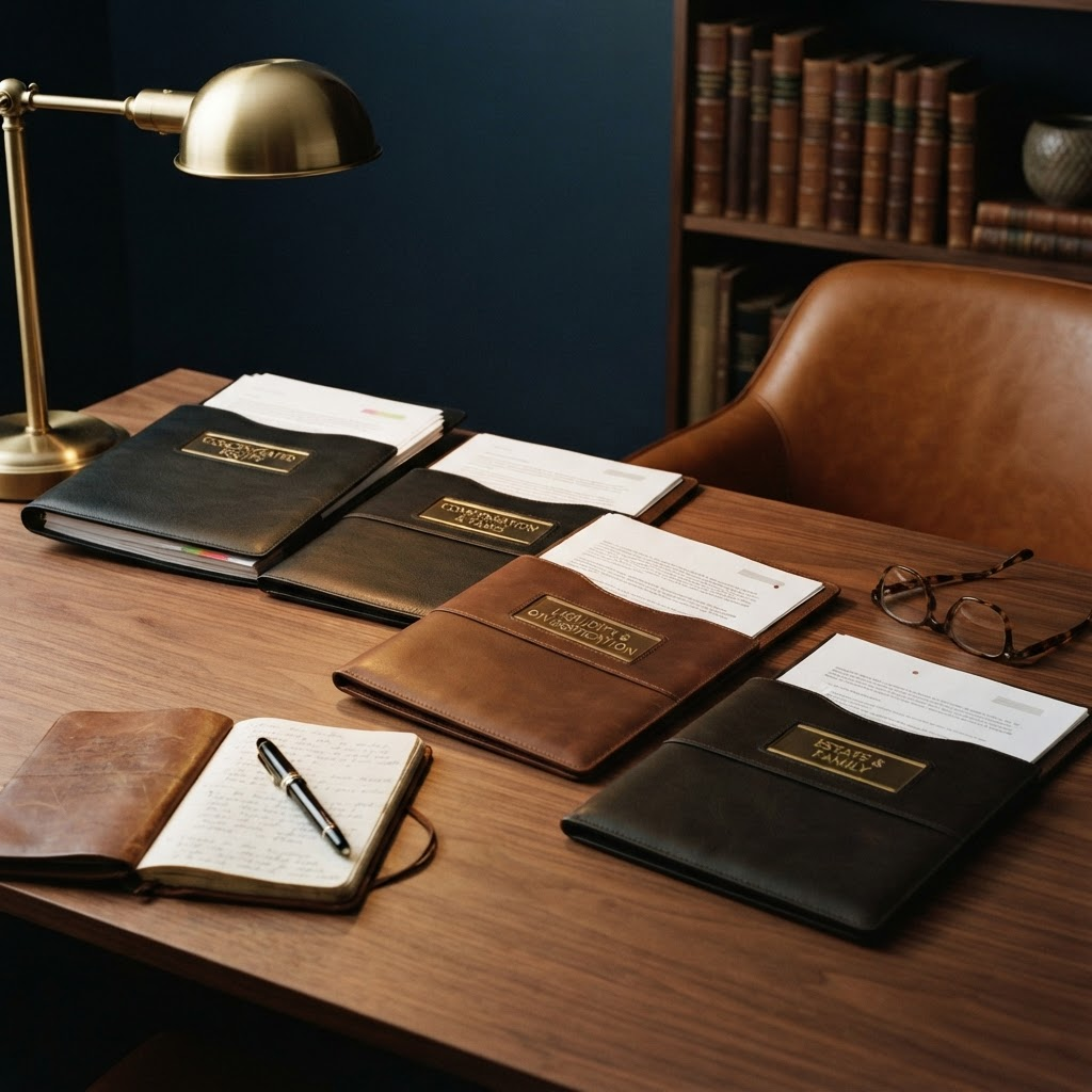 A walnut table holding four labeled leather folders for concentrated equity, compensation and taxes, liquidity and diversification, and estate and family planning, arranged so they visibly relate, under a brass lamp
