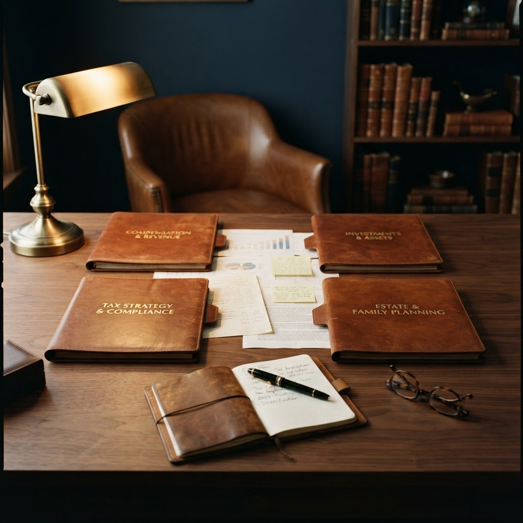 A walnut table holding four labeled leather folders for compensation, taxes, growing assets, and family planning, arranged so they visibly relate, under a brass lamp