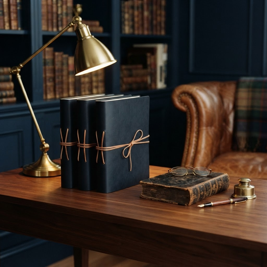 Four cord-tied leather document folders standing in a row beside an antique family record book, a fountain pen, and reading glasses on a walnut table, lit by a brass lamp against navy shelves of leather-bound books