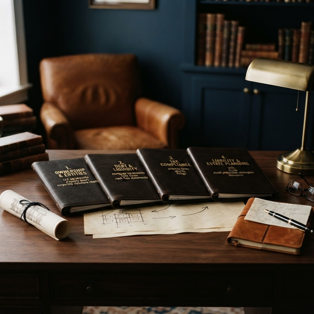 A walnut table holding four labeled leather folders for ownership and entities, debt and liquidity, tax, and liability and estate planning, arranged so they visibly relate, under a brass lamp