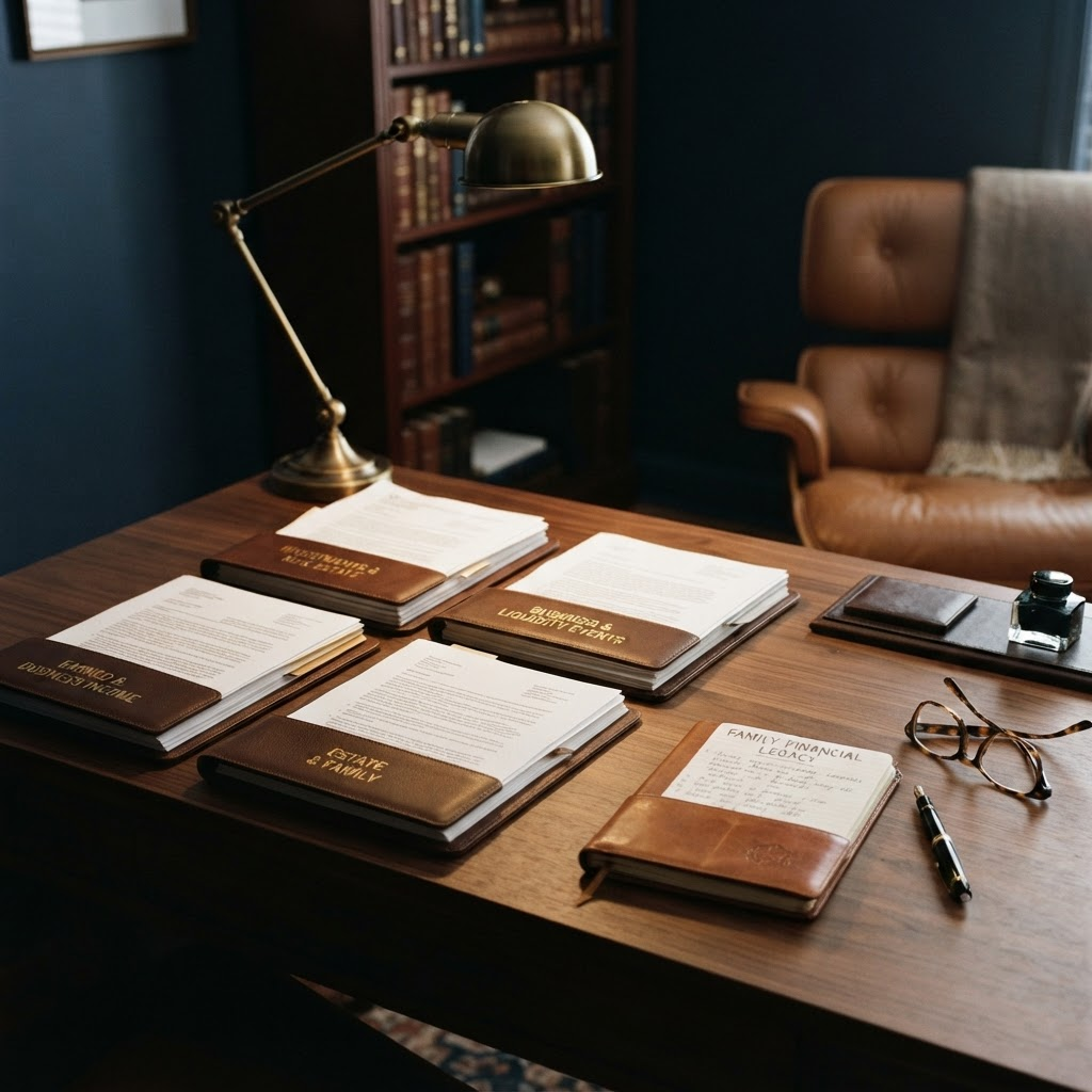 A walnut table holding four labeled leather folders for earned and business income, investments and real estate, business and liquidity events, and estate and family, arranged so they visibly relate, under a brass lamp in a navy study